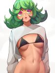  1girl bikini black_bikini breasts crop_top flipped_hair green_eyes green_hair highres lixiart medium_hair navel one-punch_man open_mouth pink-tinted_eyewear round_eyewear small_breasts solo swimsuit tatsumaki tinted_eyewear underboob white_background 