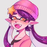  +_+ 1girl beanie black_hair callie_(splatoon) earrings fangs hat hat_ornament highres jewelry long_hair mole mole_under_eye multicolored_hair pink_hair ruinique simple_background smile solo splatoon_(series) splatoon_1 star_(symbol) star_hat_ornament teeth white_background yellow_eyes 