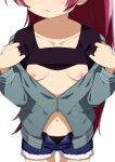  1girl black_panties blue_shorts breasts closed_mouth collarbone commentary_request green_jacket head_out_of_frame highres jacket long_hair mahou_shoujo_madoka_magica medium_breasts morisobo navel nipples open_fly panties panties_under_shorts red_hair sakura_kyouko shorts simple_background solo sweat unbuttoned underwear white_background zipper 