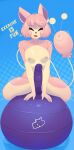  2023 anthro areola arm_support bad_dragon blue_background breasts dialogue dildo dullyarts elise_(dullyarts) english_text exercise_ball exercise_ball_dildo eyelashes eyes_closed felid feline female fur generation_3_pokemon graded_dildo hair hi_res humanoid_dildo kneeling mammal navel nintendo nipples open_mouth pattern_background pink_areola pink_body pink_fur pink_hair pink_nipples pokemon pokemon_(species) sex_toy simple_background skitty small_breasts solo spread_legs spreading tail tan_body tan_fur text 