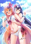  2girls absurdres animal_ears bikini black_hair blue_eyes blue_sky breasts cat_ears cloud flower grabbing grabbing_another&#039;s_breast grabbing_from_behind green_eyes hair_flower hair_ornament highres karyl_(princess_connect!) karyl_(summer)_(princess_connect!) large_breasts long_hair multiple_girls navel orange_hair outdoors pecorine_(princess_connect!) pecorine_(summer)_(princess_connect!) princess_connect! rabengadayon sky swimsuit very_long_hair yuri 