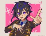  1boy :d amenochi_hare black_hair black_jacket black_nails black_vest blue_necktie buttons collared_shirt copyright double-breasted fangs gold_trim hair_between_eyes hair_ornament hairclip hand_on_own_chest highres holostars holostars_idol_uniform_(2nd_act) idol_clothes jacket kanade_izuru lapels light_blush lightning_bolt_hair_ornament lightning_bolt_symbol long_sleeves looking_at_viewer male_focus necktie notched_lapels official_alternate_costume official_art oshi_no_ko outside_border outstretched_arm pink_background pointing pointing_at_viewer purple_eyes shirt short_hair slit_pupils smile solo sparkle teeth upper_body vest virtual_youtuber white_shirt 