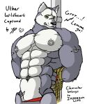  abs anthro bdsm black_nose bondage bound canid canine canis clenched_teeth clothed clothing countershade_torso countershading dialogue english_text fur grey_body grey_fur grey_nipples half-length_portrait male mammal muscular muscular_anthro muscular_male navel nipples pecs pole portrait red_clothing red_underwear restraints rope rope_bondage scar signature snout solo teeth text tied_to_pole underwear underwear_only white_body white_face white_fur wolf wrists_tied yeenpecs 