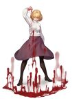  1girl arcueid_brunestud arm_behind_back arm_up beeeeen blonde_hair blood blood_on_hands blood_splatter claw_pose high_heels highres looking_at_viewer one_eye_closed pantyhose pumps purple_skirt red_eyes short_hair simple_background skirt solo standing sweater tsukihime turtleneck vampire white_background white_sweater 