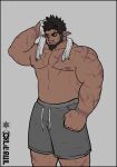  1boy abs absurdres bara beard black_sclera brusi_(iixblacklionxii) bulge colored_sclera dark-skinned_male dark_skin demon_boy facial_hair feet_out_of_frame highres iixblacklionxii large_hands large_pectorals looking_at_viewer male_focus mature_male muscular muscular_male nipples original pectorals pointy_ears scar scar_on_arm short_hair sideburns solo standing stomach strongman_waist thick_eyebrows topless_male towel towel_around_neck yellow_eyes 