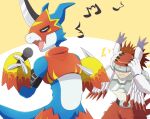  anthro armor bandai_namco blue_body covering covering_ears digimon digimon_(species) duo flamedramon hi_res male silphymon singing thatsquirrelly visor 
