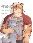  anon anthro anthro_on_anthro armpit_hair body_hair canid clothed clothing clothing_lift duo eyes_closed face_in_chest felid hair hi_res male male/male mammal muscular muscular_male nipples orange_body pantherine pec_smothering pecs shirt shirt_lift simple_background smallboinoah smile tiger topwear 