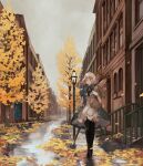  1girl arm_up autumn autumn_leaves bag baguette black_thighhighs bread building closed_mouth coat dress food frilled_dress frills full_body gloves green_coat grey_sky high_collar holding holding_bag lamppost looking_to_the_side medium_hair muraicchi_(momocchi) original outdoors paper_bag puddle puffy_short_sleeves puffy_sleeves road short_sleeves sky street thighhighs tree walking weapon weapon_on_back white_dress white_gloves white_hair 