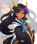  2023 absurd_res anthro black_hair blowup_background clothed clothing cordelia_(freedom_planet_2) dragon ear_piercing ear_ring earth_dragon female flower freedom_planet_2 galaxytrail hair hi_res horn long_hair looking_at_viewer nikoyosan piercing plant ring_piercing simple_background solo watermark 