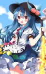  1girl :d blue_hair blue_sky blush cloud day hair_between_eyes hat highres hinanawi_tenshi holding holding_sword holding_weapon long_hair looking_at_viewer open_mouth outdoors peach_hat_ornament petticoat red_eyes ruu_(tksymkw) shirt sky smile solo sword sword_of_hisou touhou very_long_hair weapon white_shirt wing_collar 