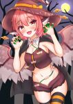  1girl adapted_costume animal_ears bird_ears bird_wings blush breasts brown_headwear detached_collar earrings full_moon halloween halloween_costume hat highres jewelry kasoka_soka medium_breasts moon mystia_lorelei navel open_mouth pink_hair short_hair single_earring smile solo striped striped_thighhighs thighhighs touhou white_wings wings witch_hat yellow_eyes 