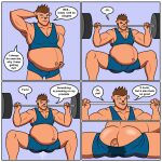  ambiguous_fluids anthro birth comic dialogue dumbbell hi_res humor labor male muscular muscular_male pregnant pregnant_male rub_lug solo speech_bubble text weights 
