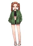  1girl absurdres black_shirt black_shorts brown_eyes brown_hair crop_top ear_piercing full_body girls_und_panzer green_jacket hands_in_pockets highres jacket kadotani_anzu long_sleeves looking_at_viewer medium_hair navel_piercing open_mouth oshiri_seijin parted_bangs piercing sandals shirt short_shorts shorts simple_background smile solo tongue_piercing white_background 