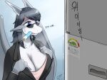  4:3 anthro appliance bodily_fluids breasts business_dragon_(coolryong) business_suit clothing cooling_off coolryong dragon eyewear female food fridge hi_res kitchen_appliance korean korean_text popsicle solo suit sunglasses sweat text 