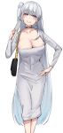  1girl absurdres bag blush breasts choker cleavage collarbone cosplay dongtan_lady_(k_pring) dongtan_lady_(k_pring)_(cosplay) dress fuyutsuki_(kancolle) grey_eyes grin hand_on_own_hip handbag highres kantai_collection kiritto large_breasts long_hair long_sleeves looking_at_viewer mask mouth_mask one_side_up sidelocks simple_background smile solo unworn_mask very_long_hair white_background white_dress 