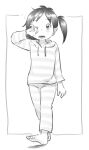  1girl barefoot blush collarbone eyelashes full_body highres hood hood_down hoodie long_sleeves meis_(terameisu) monochrome nishikawa_noriko one_eye_closed open_mouth pants short_hair side_ponytail sleepy solo stepping striped striped_hoodie striped_pants teeth urayasu_tekkin_kazoku 