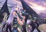  1girl dragon_girl dual_wielding fairy_knight_lancelot_(fate) fairy_knight_lancelot_(third_ascension)_(fate) fate/grand_order fate_(series) floating holding holding_weapon long_hair looking_at_viewer sky smile solo user_frzm4382 water weapon white_hair wings yellow_eyes 