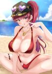  1girl arrow_through_heart baseball_cap bikini black_headwear blush breasts cleavage earrings eyewear_on_head gold_earrings gold_necklace hat heart heart-shaped_eyewear heart_earrings heart_necklace heterochromia high_ponytail highres hololive houshou_marine houshou_marine_(4th_costume) jewelry large_breasts looking_at_viewer nail_polish navel necklace o-ring o-ring_thigh_strap official_alternate_costume red_bikini red_eyes red_hair red_nails sand smile sunglasses suzuka_(suzukawu) swimsuit thigh_strap tongue tongue_out virtual_youtuber water yellow_eyes 