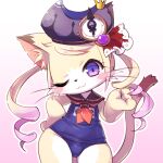  2018 :3 anthro big_head blonde_hair blush blush_stickers bulge cat_busters cheek_tuft chibi chrona_(cat_busters) clothed clothing compass cotora crossdressing curled_tail dipstick_tail domestic_cat facial_tuft felid feline felis front_view girly gradient_background hair hand_on_hip hat head_tilt headgear headwear highlights_(coloring) inner_ear_fluff long_hair looking_at_viewer male mammal markings one-piece_swimsuit one_eye_closed outline pink_highlights playing_with_hair portrait pose purple_clothing purple_eyes purple_hat purple_headwear raised_tail sailor_collar simple_background solo standing swimwear tail tail_markings three-quarter_portrait tuft whiskers white_outline wink winking_at_viewer 