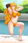  1girl bikini blonde_hair breasts day feet highres large_breasts long_hair looking_at_viewer navel orange_bikini pool prosthesis prosthetic_arm purple_eyes roosterteeth rwby side-tie_bikini_bottom swimsuit wavy_hair yang_xiao_long yellow_nicky 