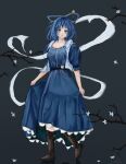  1girl black_background black_footwear blue_dress blue_eyes blue_hair branch closed_mouth commentary dress full_body hair_rings highres kaku_seiga looking_at_viewer ourie shawl short_hair short_sleeves simple_background solo touhou vest 
