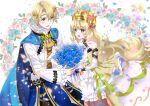  1boy 1girl absurdly_long_hair alfred_(fire_emblem) bare_shoulders blonde_hair blue_cape bouquet brother_and_sister butterfly_hair_ornament cape celine_(fire_emblem) commentary_request crown dress fire_emblem fire_emblem_engage frilled_dress frilled_shirt frills hair_ornament head_wreath holding holding_bouquet kakiko210 long_hair petals shirt short_hair siblings upper_body very_long_hair white_background white_dress yellow_eyes 
