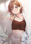  1girl armpits arms_up black_tank_top blurry blurry_foreground blush breasts brown_hair cleavage collarbone commentary crop_top depth_of_field expressionless hair_ornament hairpin highres higuchi_madoka idolmaster idolmaster_shiny_colors looking_at_viewer mameyanagi mole mole_under_eye see-through see-through_shirt shirt short_hair solo tank_top wavy_hair white_shirt 