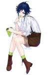  1boy androgynous ankle_socks aqua_eyes aqua_hair black_hair braid brown_footwear brown_shorts food fruit fuka_(hk_nemo) genshin_impact grapes green_socks highres holding holding_food holding_fruit long_sleeves looking_at_viewer low_twin_braids male_focus medium_hair multicolored_hair open_mouth shirt shorts socks solo suspenders twin_braids venti_(genshin_impact) white_shirt 