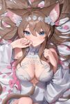  1girl absurdres animal_ear_fluff animal_ears breasts brown_hair cat_ears cat_girl cat_tail character_request cleavage commission dress hair_between_eyes hair_ornament highres large_breasts long_hair looking_at_viewer lying monosucre on_back petals solo tail virtual_youtuber white_dress 