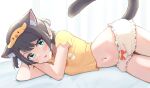  1girl animal_ear_fluff animal_ears bird black_hair bloomers blush bow bra cat_ears cat_girl cat_tail commentary cropped_shirt duck egg feet_out_of_frame green_eyes head_on_arm headband hololive navel on_bed oozora_subaru open_mouth orange_bra pajamas ribbon shirt short_hair solo swept_bangs taachika tail thighs twintails underwear virtual_youtuber yellow_shirt 