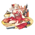  1girl arm_support barefoot black_bag black_ribbon blonde_hair blue_eyes blush breasts broken cleavage closed_mouth feet floral_print flower flower_request folding_fan full_body fur-trimmed_kimono fur_trim girls&#039;_frontline hair_flower hair_ornament hair_ribbon hand_fan hand_on_own_chest highres japanese_clothes jianren kimono kneeling large_breasts light_frown long_hair looking_at_viewer magazine_(weapon) medium_breasts obr_(envoy_of_spring)_(girls&#039;_frontline) obr_(girls&#039;_frontline) off_shoulder official_alternate_costume official_art red_flower red_kimono red_ribbon ribbon shell_casing solo tears toes torn_clothes torn_kimono transparent_background twintails wide_sleeves 