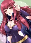  1girl belt black_bodysuit black_cape blush bodysuit breasts cape choker cleavage clothing_cutout collarbone commentary_request covered_navel facial_mark fire_emblem fire_emblem_engage hair_ornament highres kirishima_riona large_breasts long_hair looking_at_viewer open_mouth pink_choker red_eyes red_hair side_cutout smile solo star_(symbol) star_facial_mark star_hair_ornament yellow_belt yunaka_(fire_emblem) 