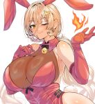  1girl animal_ears bare_shoulders bell blonde_hair blush breasts closed_mouth elbow_gloves fake_animal_ears fire gloves hair_ornament heart heart_hair_ornament highleg highleg_leotard highres jingle_bell large_breasts leotard long_hair looking_at_viewer nijisanji nui_sociere one_eye_closed playboy_bunny rabbit_ears rabbit_tail red_gloves red_leotard see-through_cleavage smile solo tail wakura_(gcdan) yellow_eyes 