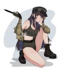  :3 alina_svard_kovalenko_(laotianaviator) archirai boots goggles heterochromia highres knife military military_uniform multicolored_hair navel original shorts smug uniform 