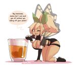  alcohol almond_(@gentlemannco) beverage big_breasts big_butt borvar breasts butt clothing container cup dialogue fairy female hi_res huge_breasts humanoid humanoid_pointy_ears kneeling looking_at_viewer one_eye_closed open_mouth orange_eyes signature simple_background smile solo speech_bubble text thick_thighs winged_humanoid wings wink 