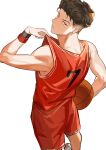  1boy arm_up back ball basketball_(object) basketball_jersey basketball_uniform brown_eyes brown_hair ear_piercing from_above gwillarmy highres holding holding_ball looking_at_viewer looking_back male_focus miyagi_ryouta parted_lips piercing red_shorts red_tank_top short_hair shorts simple_background slam_dunk_(series) solo sportswear standing tank_top undercut white_background wristband 