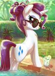  1girl commentary drink english_commentary facing_away grass hedge highres horns looking_at_viewer my_little_pony my_little_pony:_friendship_is_magic outdoors partially_submerged plant poolside potted_plant purple_hair rarity single_horn solo sunglasses unicorn water white_fur yulyeen 
