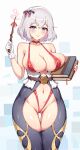  1girl areola_slip ass_visible_through_thighs bare_shoulders blue_eyes blush book breasts choker cleavage clothing_cutout collarbone commentary feet_out_of_frame gloves grey_hair halterneck hand_up heart highres holding holding_book holding_wand large_breasts looking_at_viewer navel original red_choker revealing_clothes secon shiny_skin short_hair smile solo standing wand white_background white_gloves 