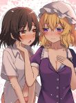  2girls blonde_hair blush breasts brown_eyes brown_hair cleavage closed_mouth collarbone collared_shirt cover cover_page doujin_cover dress e.o. fingernails hair_between_eyes hat highres maribel_hearn mob_cap multiple_girls navel open_mouth purple_dress purple_eyes shirt short_hair short_sleeves smile touhou usami_renko white_headwear white_shirt 