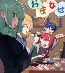  1boy 3girls :o ahoge black-framed_eyewear black_jacket blazer blonde_hair blue_eyes blush bowl buttoned_cuffs chopsticks closed_eyes collarbone collared_shirt commentary_request fish_(food) food from_side glasses green_hair green_shirt grey_shirt hair_between_eyes highres hipa_(some1else45) holding holding_chopsticks holding_food huge_ahoge jacket long_bangs long_hair long_sleeves looking_at_another looking_at_viewer multiple_girls nahia_(some1else45) office_lady open_mouth original red_hair sashimi sekoshi_(some1else45) shirt sidelocks smile some1else45 sushi sweatdrop table teeth upper_body upper_teeth_only white_shirt wooden_table 