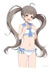  1girl absurdres ahoge ascot bare_arms bare_shoulders bikini blue_ascot blue_bow blue_sailor_collar blunt_bangs blush bow bow_bikini breasts brown_eyes commentary cowboy_shot dated grey_hair hair_ornament hakozaki_serika hands_on_own_chest highres idolmaster idolmaster_million_live! long_hair looking_at_viewer midriff miso_(misomiso_154) navel open_mouth sailor_collar simple_background small_breasts smile solo stomach swimsuit twintails white_background white_bikini 
