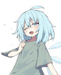  1girl ahoge blue_eyes blue_hair cirno collar_tug commentary_request detached_wings fang flying_sweatdrops green_shirt highres ice ice_wings kae_karee messy_hair no_hair_bow no_nose one_eye_closed open_mouth shirt short_sleeves simple_background solo sweat sweating_profusely touhou undershirt upper_body white_background wings 