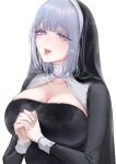  1girl alternate_costume artist_name blush breasts cleavage filha girls&#039;_frontline grey_hair highres looking_at_viewer medium_breasts medium_hair nun open_mouth parted_lips purple_eyes rpk-16_(girls&#039;_frontline) solo tongue tongue_out upper_body wet white_background 