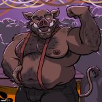  anthro bear_pride_colors bottomwear chubby_male clothing flexing_bicep hi_res holding_stomach looking_at_viewer male mammal mature_male musclegut muscular muscular_male nanoff nightclub nipples one_eye_closed pants shirtless smile smiling_at_viewer solo suarez_(nanoff) suid suina sus_(pig) suspenders wild_boar wink winking_at_viewer 