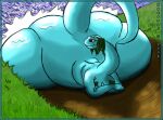  2006 anthro big_breasts big_butt blue_body breasts brontosaurus butt clothed clothing dam dinosaur diplodocid female grass ground hair headgear huge_butt huge_thighs hyper hyper_butt kazecat macro obese obese_anthro obese_female on_ground overweight overweight_anthro overweight_female plant portia_(kazecat) reptile sauropod scalie simple_background size_difference thick_thighs water wide_hips 