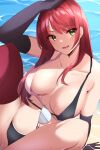  1girl absurdres bare_shoulders bikini blush breasts cleavage collarbone green_eyes haneramu highres large_breasts long_hair looking_at_viewer navel open_mouth original red_hair smile solo swimsuit 