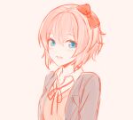  1girl blue_eyes bow commentary doki_doki_literature_club grey_jacket hair_bow jacket long_sleeves looking_at_viewer orange_vest pink_hair red_bow red_ribbon ribbon sayori_(doki_doki_literature_club) school_uniform short_hair smile symbol-only_commentary tb_(spr1110) vest 