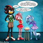  1:1 2023 absurd_res amy_rose anibaruthecat anthro clothed clothing dialogue digital_media_(artwork) ellipsis english_text equid equine eulipotyphlan eyebrows eyelashes female fingers footwear friendship_is_magic furniture group hasbro hedgehog hi_res horn mammal my_little_pony sega shadow_the_hedgehog sonic_the_hedgehog_(series) speech_bubble stool text tongue tongue_out trixie_(mlp) unicorn young 