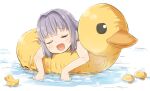  1girl :d bare_arms blush closed_eyes facing_viewer grey_hair hair_intakes highres idolmaster idolmaster_cinderella_girls inflatable_duck inflatable_toy koshimizu_sachiko rubber_duck simple_background smile solo water white_background yukie_(kusaka_shi) 