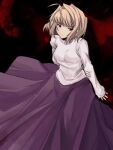  1girl arcueid_brunestud arm_behind_back black_background blonde_hair closed_mouth commentary hair_intakes holding_own_arm long_sleeves looking_to_the_side purple_skirt red_eyes shirt short_hair skirt solo tara3763 tsukihime white_shirt 